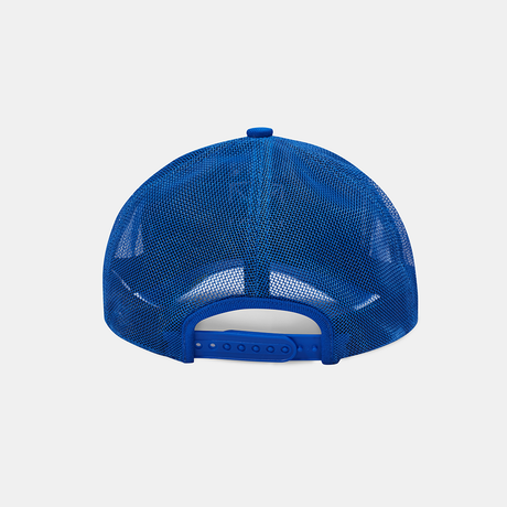 The back view of a royal blue mesh trucker cap with a matching blue plastic snap closure, shown on a light gray background.