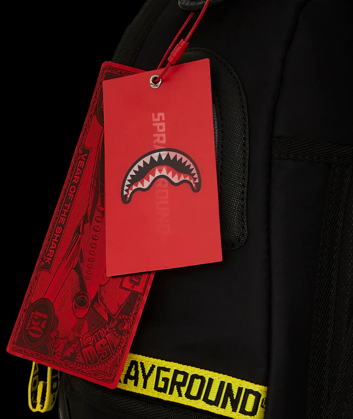 SPRAYGROUND SHARK CENTRAL YELLOW TAPE DLX SATIN BACKPACK