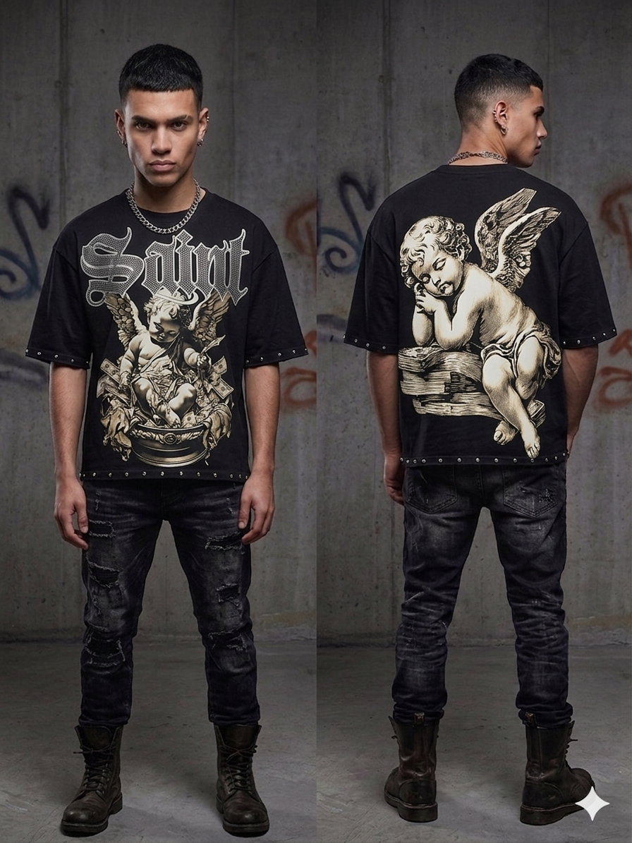 Streetwear outfit styled with a multicolor Saints rhinestone T-shirt