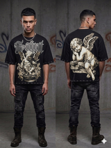 Streetwear outfit styled with a multicolor Saints rhinestone T-shirt