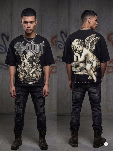 Streetwear outfit styled with a multicolor Saints rhinestone T-shirt