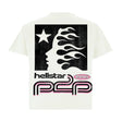 Sporty casual outfit styled with a white and pink logo T-shirt