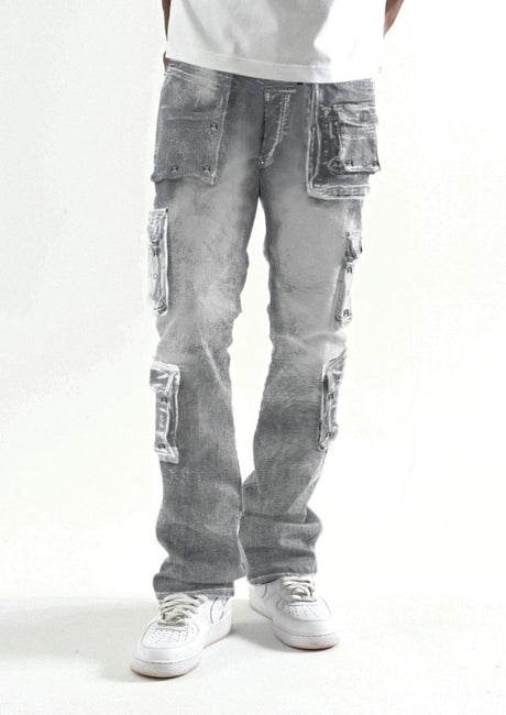 Grey stacked cargo jeans streetwear style trendy outfit