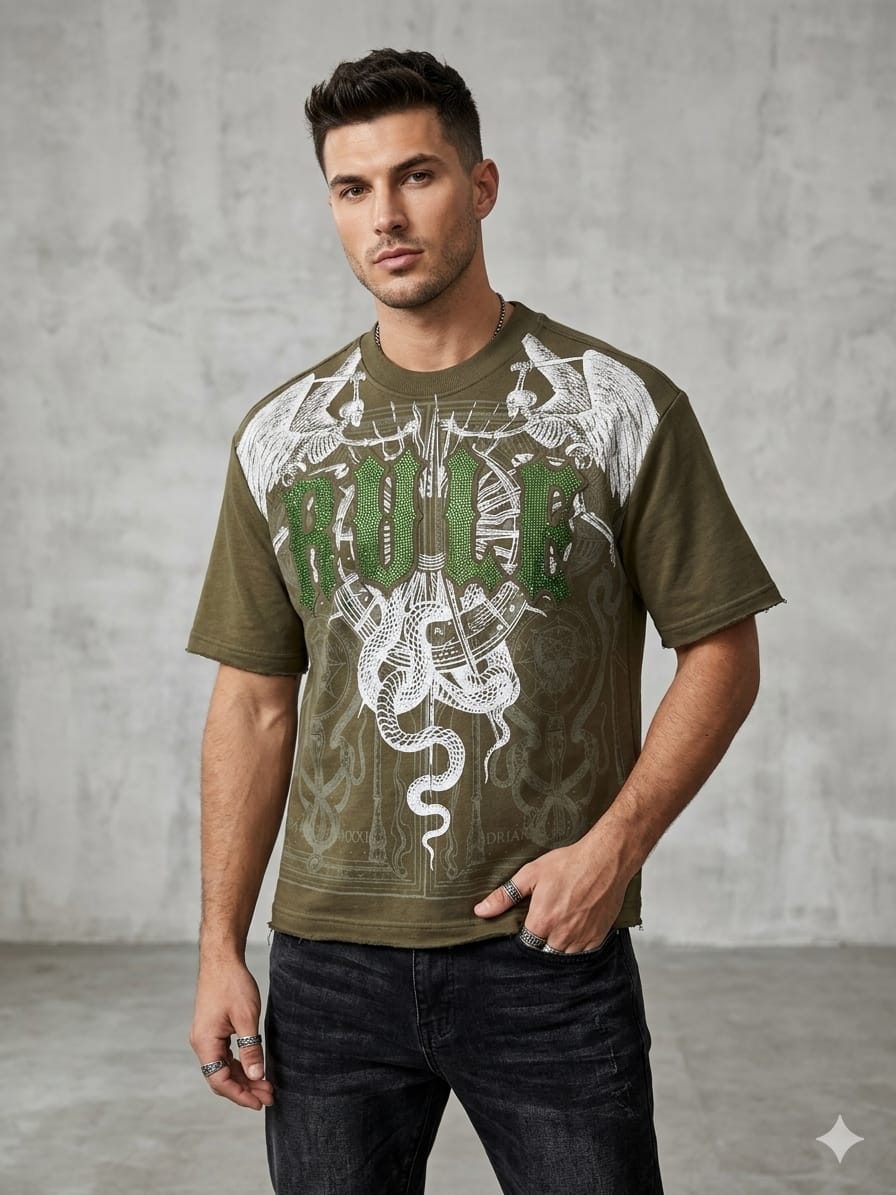 Modern streetwear look with a rhinestone design T-shirt