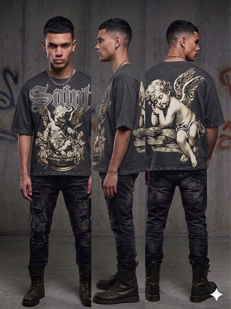 Modern streetwear look with a rhinestone design T-shirt