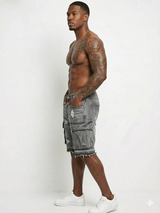 Streetwear summer look with black denim cargo shorts