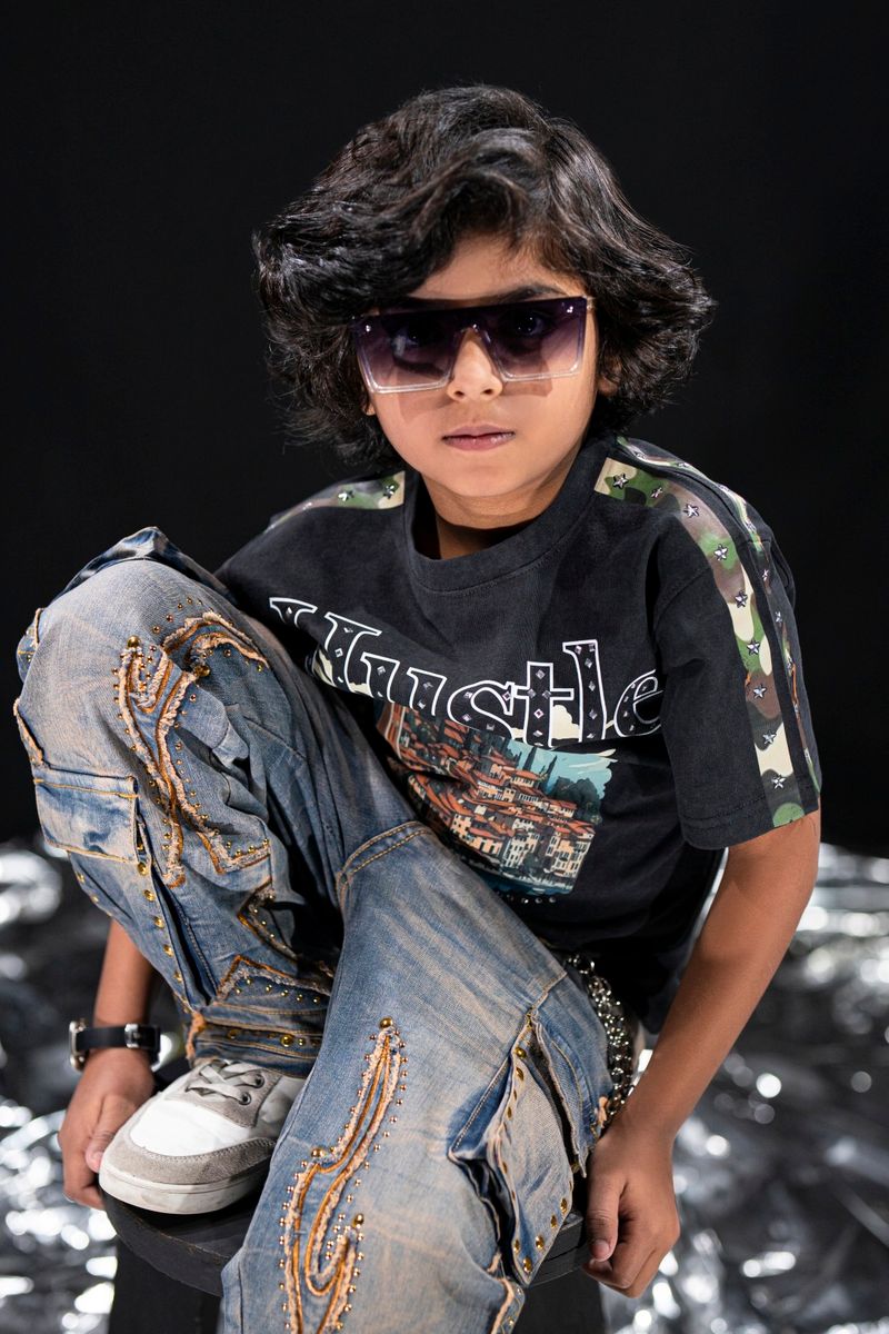 trending kids rhinestone studded hustle t shirt oversized black streetwear vibe