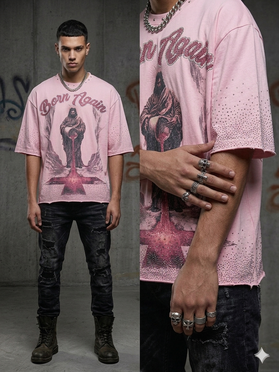 trendy pink t shirt rhinestone born again streetwear fashion