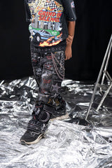 trendy kids denim cargo pants rhinestone graffiti streetwear blue wash