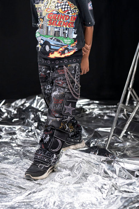 trendy kids denim cargo pants rhinestone graffiti streetwear blue wash