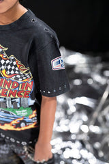 trendy kids streetwear rhinestone t shirt oversized grind in silence design