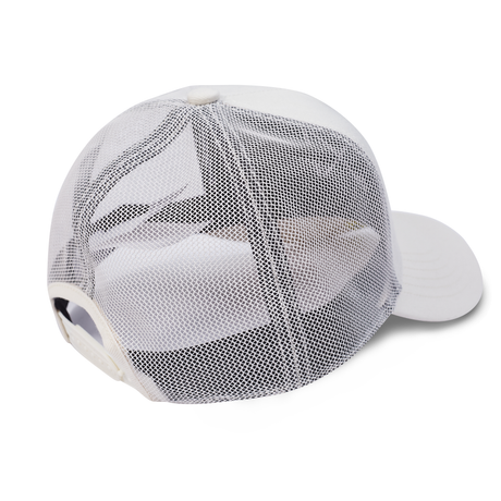 White trucker-style baseball cap shown from the back, featuring a white mesh back, solid white front panel, and white curved brim on a clean white background.