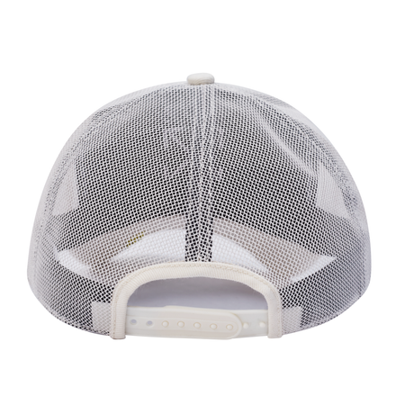 The back view of a white trucker-style cap with a white mesh back and adjustable snap closure.