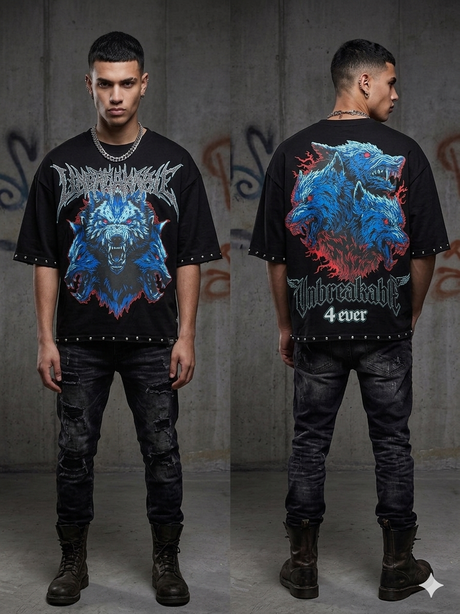 Streetwear outfit styled with a multicolor Unbreakable rhinestone T-shirt