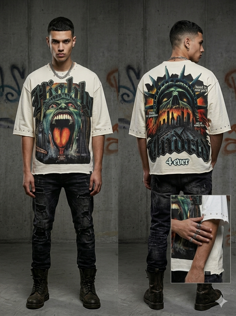Undrtd Based in New York rhinestone 3/4 sleeve legacy premium t-shirt in multi colors front design