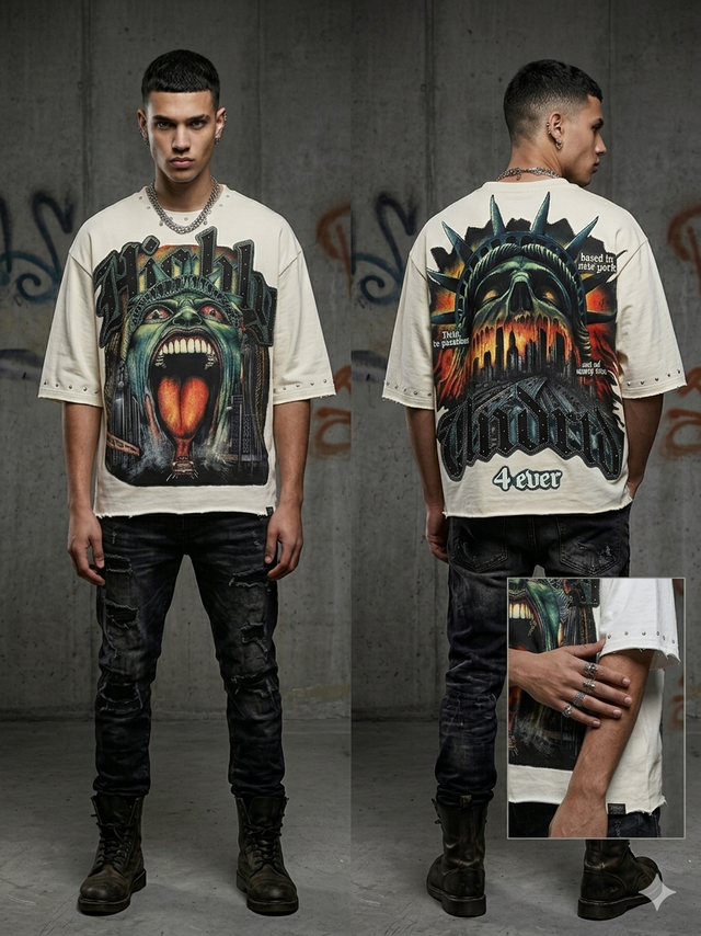 Undrtd Based in New York rhinestone 3/4 sleeve legacy premium t-shirt in multi colors front design