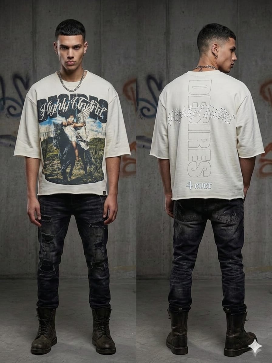 Undrtd Desires rhinestone 3/4 sleeve t-shirt in multicolor with bold front graphic design