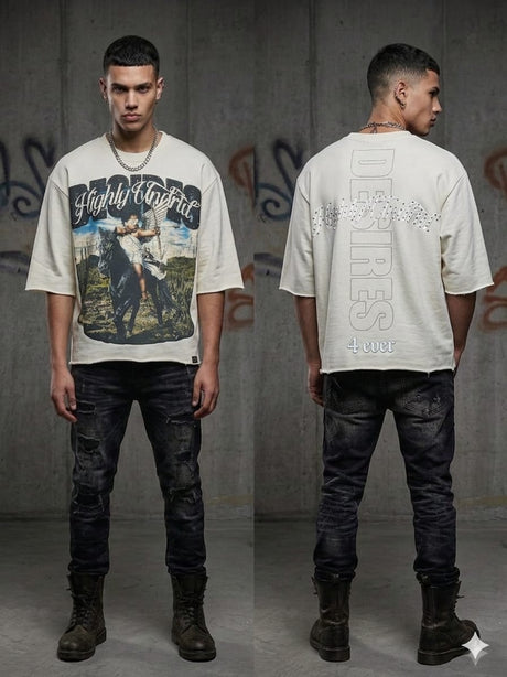 Undrtd Desires rhinestone 3/4 sleeve t-shirt in multicolor with bold front graphic design