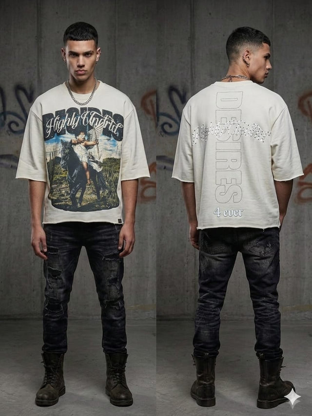 Undrtd Desires rhinestone 3/4 sleeve t-shirt in multicolor with bold front graphic design