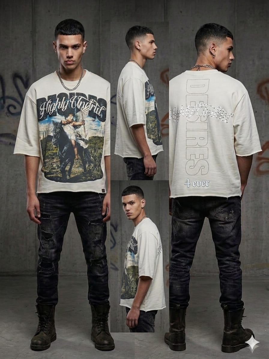 model wearing Undrtd Desires rhinestone 3/4 sleeve t-shirt styled in urban streetwear outfit