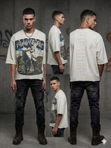 model wearing Undrtd Desires rhinestone 3/4 sleeve t-shirt styled in urban streetwear outfit