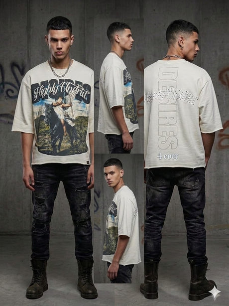 model wearing Undrtd Desires rhinestone 3/4 sleeve t-shirt styled in urban streetwear outfit