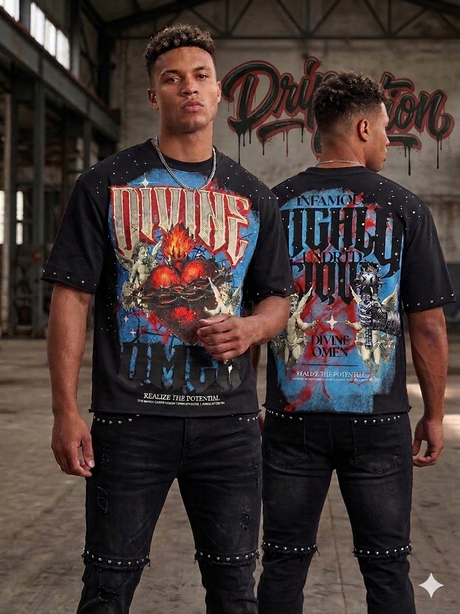 model wearing Undrtd Divine studded rhinestone 3/4 sleeve black t-shirt styled in urban streetwear outfit