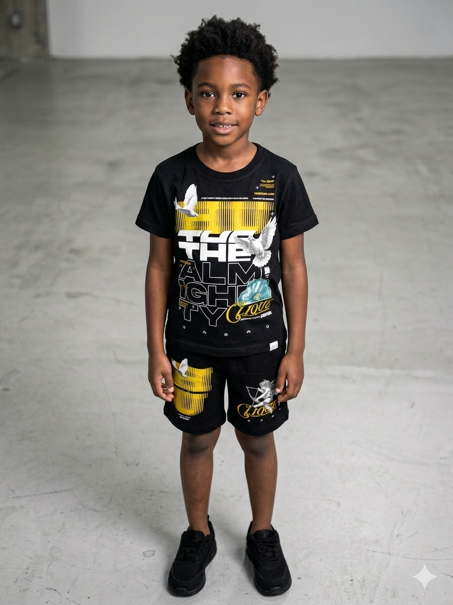 kids wearing Undrtd The Almighty short set styled in casual streetwear outfit