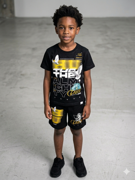 kids wearing Undrtd The Almighty short set styled in casual streetwear outfit