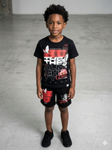 close up of Undrtd Kids Almighty short set fabric and design details