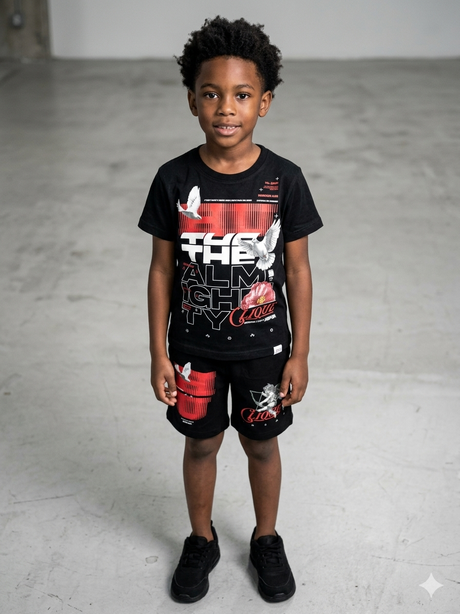 close up of Undrtd Kids Almighty short set fabric and design details