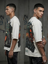model wearing Undrtd Based in New York rhinestone 3/4 sleeve t-shirt styled in urban streetwear look