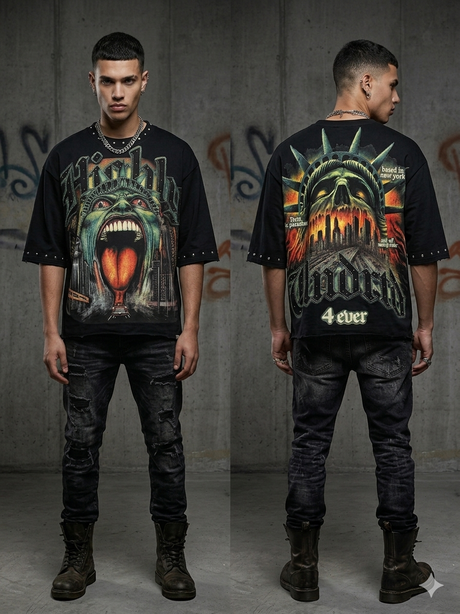 close up of rhinestone detailing on Undrtd Based in New York 3/4 sleeve t-shirt premium finish