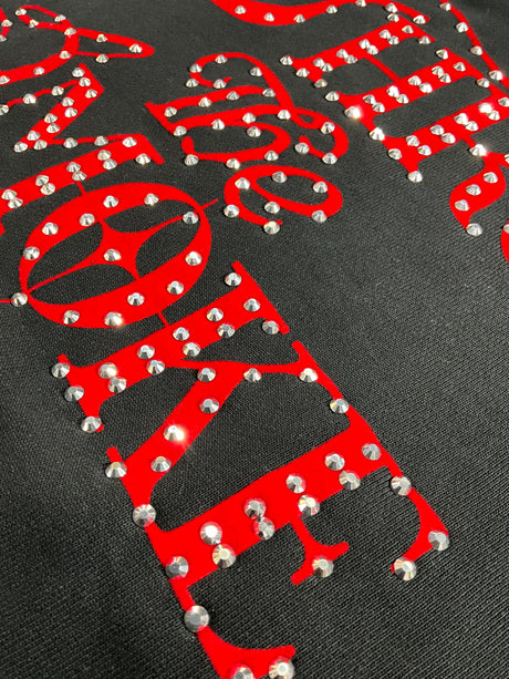 close up of rhinestone detailing on Undrtd Through the Smoke 3/4 sleeve t-shirt premium finish