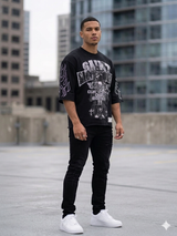 close up of rhinestone detailing on Undrtd Saint Club Global 3/4 sleeve tee