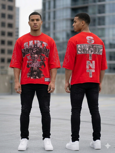 model wearing Undrtd Saint Club Global rhinestone 3/4 sleeve tee styled in streetwear outfit