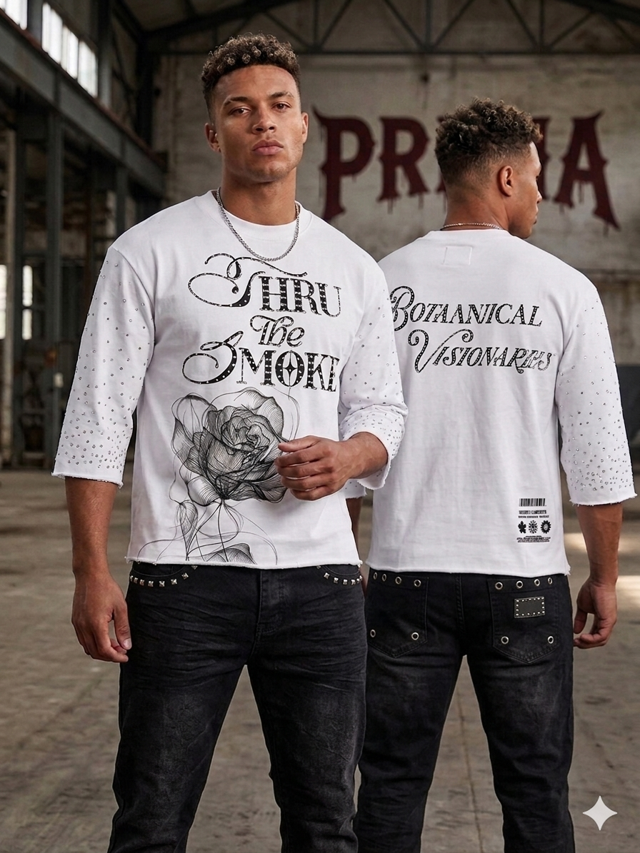 Undrtd Through the Smoke rhinestone 3/4 sleeve t-shirt in multicolor with bold front graphic design