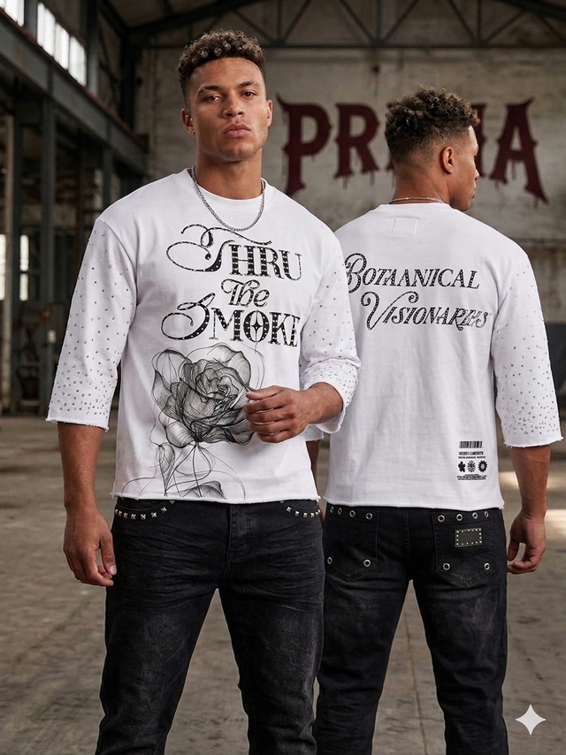 Undrtd Through the Smoke rhinestone 3/4 sleeve t-shirt in multicolor with bold front graphic design