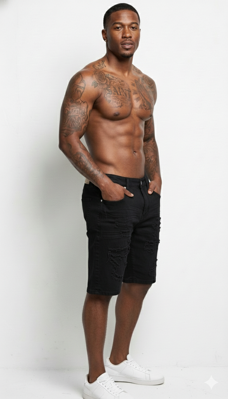 Outfit idea showing what to pair with denim shorts