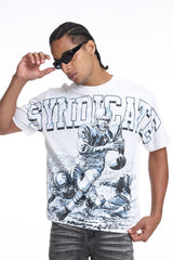 White and blue streetwear T-shirt with minimal graphic everyday look