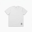A white short-sleeve crewneck t-shirt with a small black graphic logo on the bottom right hem, displayed flat against a clean white background.