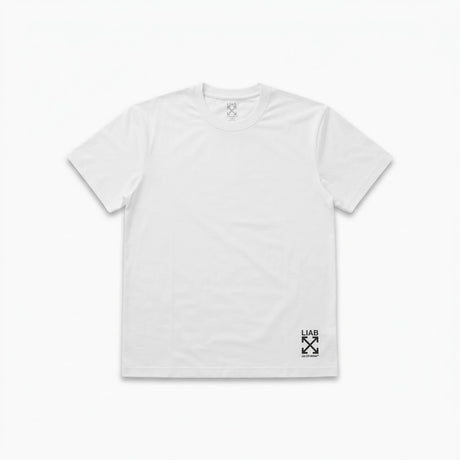 A white short-sleeve crewneck t-shirt with a small black graphic logo on the bottom right hem, displayed flat against a clean white background.