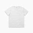 A white short-sleeve crewneck t-shirt with a small tonal white graphic on the left chest, displayed flat against a clean white background.