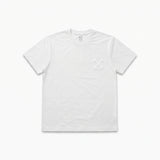 A white short-sleeve crewneck t-shirt with a small tonal white graphic on the left chest, displayed flat against a clean white background.