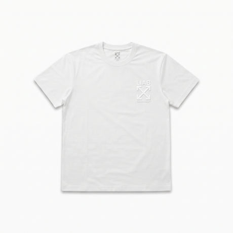 A white short-sleeve crewneck t-shirt with a small tonal white graphic on the left chest, displayed flat against a clean white background.